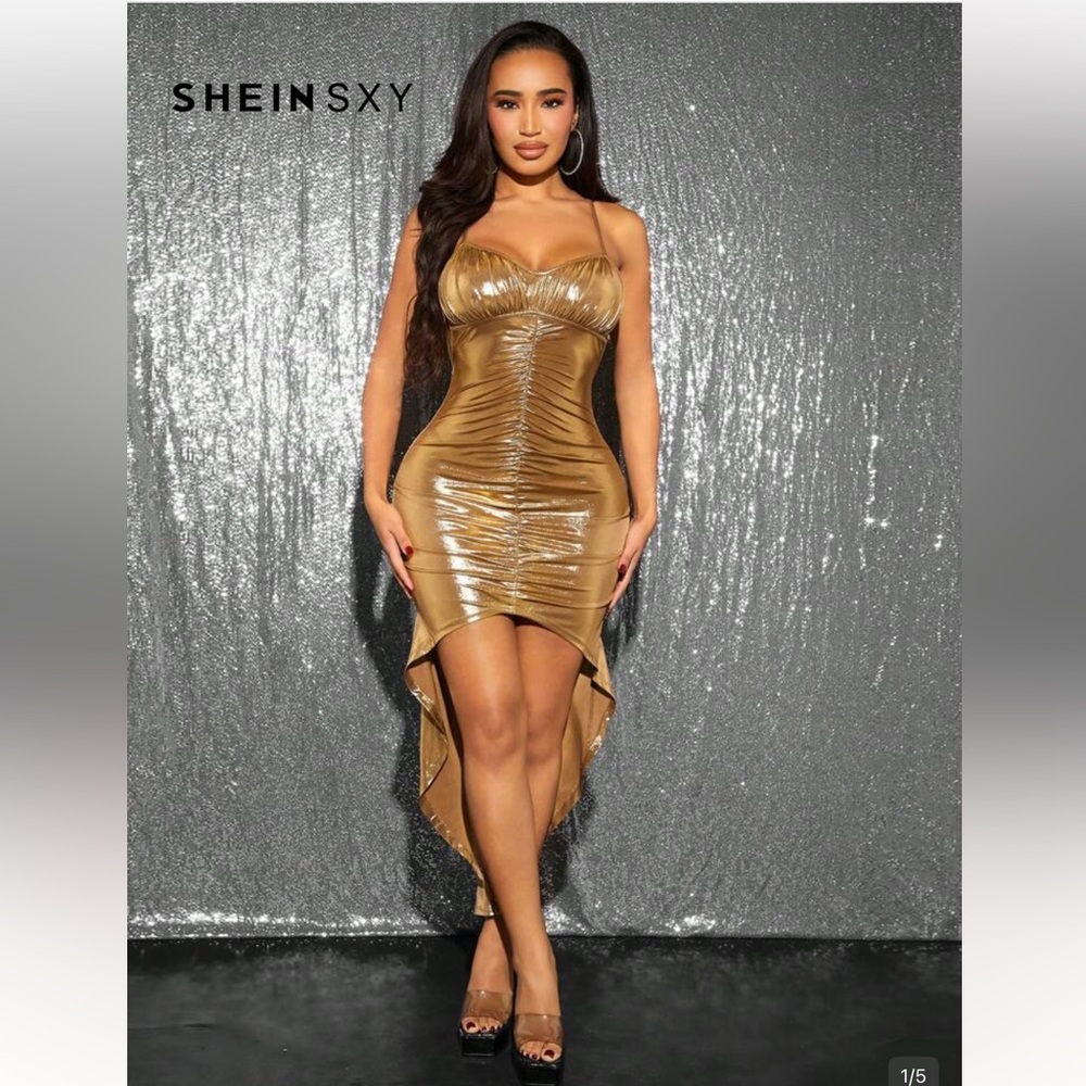 SXY Gold Dress Asymmetrical Fishtail Cami Dress